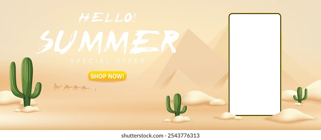 Summer sale ad banner template. Banner with smartphone on desert summer, Green cactus, camel, pyramid on sand desert banner design