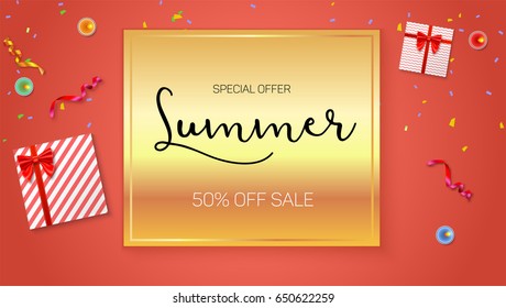 Summer sale ad, selling banner on gold background. Top view. Gift box with red ribbon and bow, burning, lighted candle, with serpentine and confetti on hot orange background.