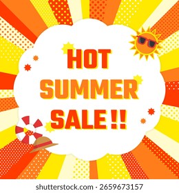 summer sale ad template with random sunburst and summer items