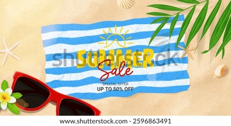 Summer sale ads concept. Vector 3d ads illustration with beach towel on sand with seashells, sea stars and tropical leaf, sunglasses. Bright banner for promotion of summer goods, events, holidays.