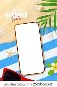 Summer sale ads poster. Vector 3d ads illustration with smartphone on beach towel and sand with seashells, seastar and tropical leaf. Flyer for promotion of summer goods, events, holidays.