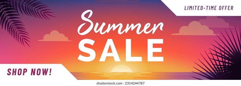 Banner de anuncio de venta de verano con hermosas vistas de la playa y puesta de sol, espacio de copia