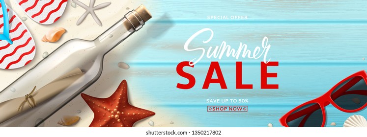 Summer sale advertisement banner. Horizontal banner with realistic glass bottle with message, starfishes, flip flops and sun glasses on beach sand. Vector illustration with special discount offer.