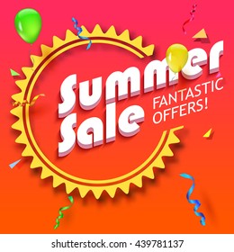Summer sale advertisement, fantastic offers. Colorful expressive, attention-drawing banner with balloons, serpentine and confetti. Hot, red background. Vector editable symbol, easy to change size