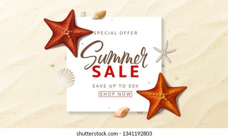 Summer sale advertisement vector banner. Summer background with top view on realistic seashells and starfishes on sea beach. Vector illustration with special discount offer.