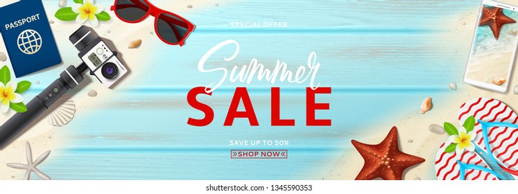 Summer sale advertisement vector banner. Horizontal banner with realistic seashells, starfishes and vacation things on beach sand and wooden texture. Vector illustration with special discount offer.