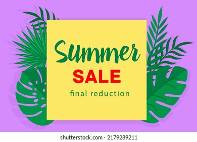summer sale Advertising banner of summer sale on the background of tropical leaves