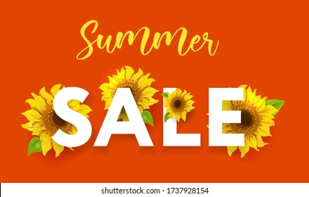 Summer sale. Advertising banner. Sunflowers on a red background. Vector illustration.