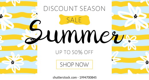 Summer sale advertising banner.Discount design background with striped pattern and curved daisy flowers hand-drawn. Template for the design of a discount flyer, banner, shopping invitation.