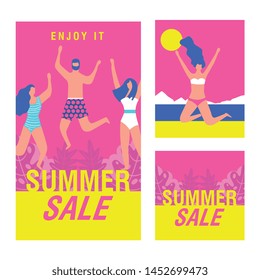 summer sale advertising with happy people vector with swimsuit on landscape vector illustration