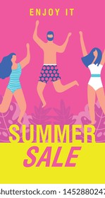summer sale advertising with happy people vector with swimsuit on landscape vector illustration