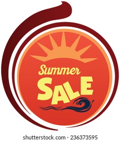 Summer sale advertising vector design banner tag isolated in white background. Shopping sale sign with sun and ocean wave.