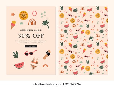 Summer Sale Announcement Card Template Design in Vector featuring summer icons.
