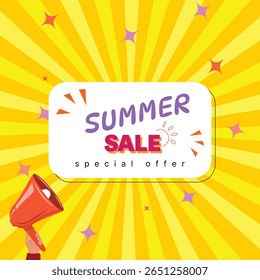 Summer sale announcement with megaphone, special offer text on a yellow sunburst background