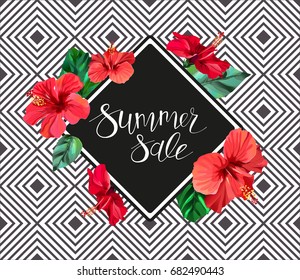 Summer sale announcement poster, banner, flyer  with lettering on hibiscus flowers and leaves background. Vector illustration in eps10 format.