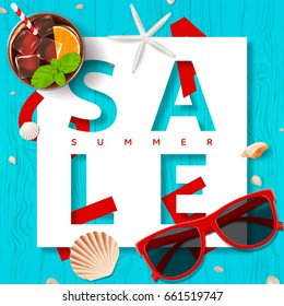 Summer sale backdrop with seashells. Top view on sunglasses and fresh cocktail on blue wooden texture. Vector illustration.