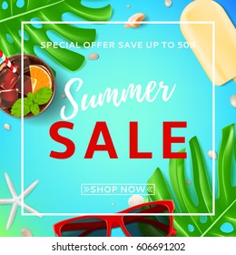 Summer sale backdrop with web button. Top view on sunglasses, seashells, fresh cocktail and ice cream on blue background. Vector illustration with leaves of tropical plant.