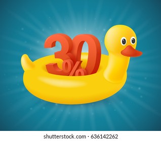 Summer sale background with 3d discount 30 percent. The inflatable circle. Yellow duck.  Used for covers, flyers, banners, posters, placards, presentations, books and other printed and web materials.