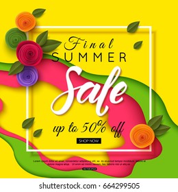 Summer sale background banner with beautiful  flower. Paper style. Vector illustration.