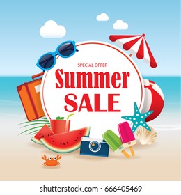Summer sale background banner design template with colorful beach and object vacation elements.