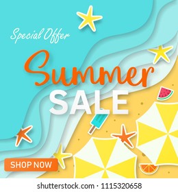 Summer sale background for banner, flyer, invitation, poster, web site or greeting card. Paper cut style, vector illustration