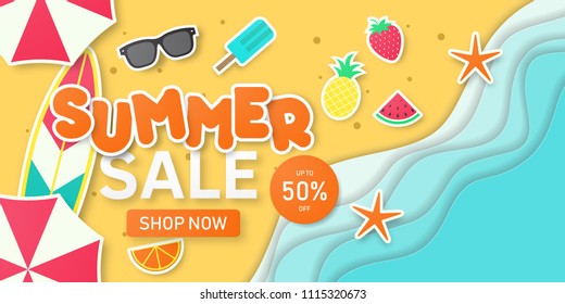 Summer sale background for banner, flyer, invitation, poster, web site or greeting card. Paper cut style, vector illustration