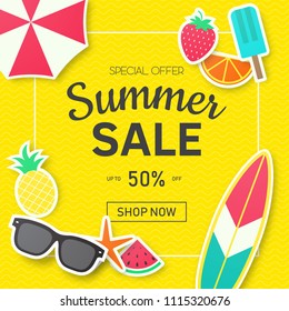 Summer sale background for banner, flyer, invitation, poster, web site or greeting card. Paper cut style, vector illustration