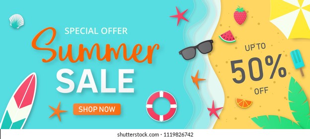 Summer sale background for banner, flyer, invitation, poster, web site or greeting card. Paper cut style, vector illustration