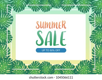 
Summer sale background banner on frame border with the green exotic palm leaves and tropical plants, summer sale concept. Vector illustration