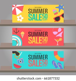 Summer Sale Background For Banner, Poster, Brochure, Flyer, Voucher Discount, Invitation Card, Backdrop And Template Design. Vector Illustration