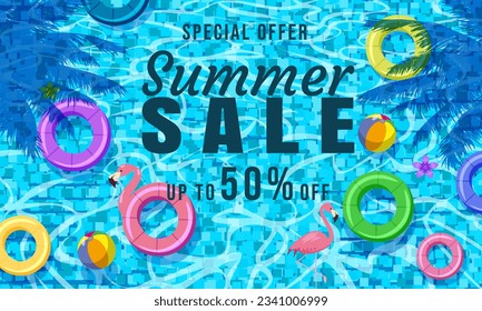 Summer Sale background banner template. Swimming tiled pool, blue water ocean, float swim rings, tropical, top view