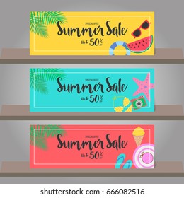 Summer sale background for banner, voucher discount, invitation card, backdrop and template design. Vector illustration.