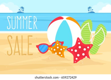 Summer Sale Background with Beach Elements. Flat Design Style. 