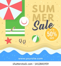 Summer Sale Background With Beach Theme Top View. Umbrella, Sunglasses, Beach Mat, Volley Ball