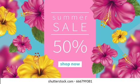 Summer sale background with beautiful blooming tropical flowers of pink and yellow hibiscus is also called Chinese Rose. Vector Illustration.