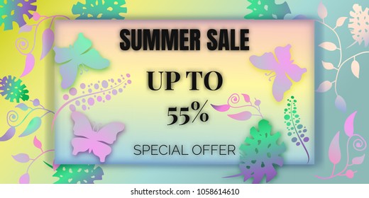 Summer sale background with beautiful colorful butterfly and paper flower. Vector illustration template. voucher discount.
