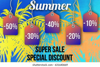 
Summer sale background with beautiful colorful palm tree. Vector illustration template. voucher discount.