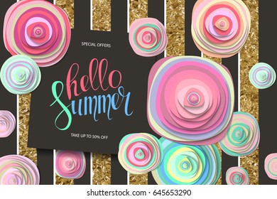 Summer sale background with beautiful colorful flower. Wallpaper. flyers, invitation, posters, brochure, voucher discount. Vector illustration template Banners. Background of black and gold stripes