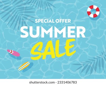 Summer sale background. Blue cool pool water with stuff for summer. Top view