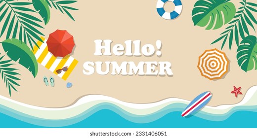 Summer sale background. Blue sea and beach with stuff for summer. Top view