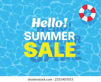 Summer sale background. Blue sea and beach with stuff for summer. Top view