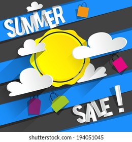 Summer Sale Background With Clouds And Sun vector illustration
