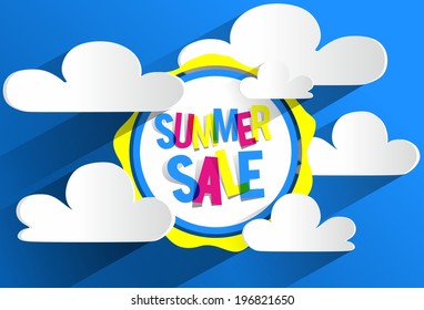 Summer Sale Background With Clouds And Sun vector illustration