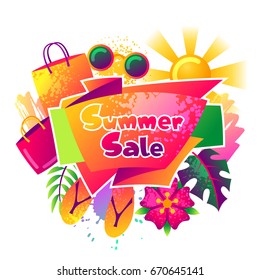 Summer sale background with colorful elements. Sun, palm leaves and shopping bags.