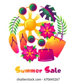 Summer sale background with colorful elements. Sun, palm leaves and shopping bags.