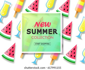 Summer sale background with colorful ice cream, slice watermelon and cocktail. Vector illustration template, banners. Wallpaper, flyers, invitation, posters, brochure