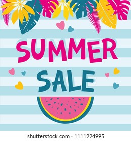 Summer sale background with colorful tropical and palm leaves. Vector illustration with lettering and watermelon on trendy striped background