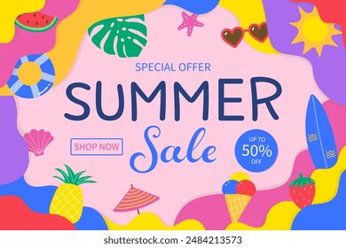 Summer Sale background with colourful icons. Abstract vacation poster or banner. Vector illustration