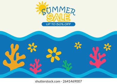 Summer Sale Background with Coral and Flowers. Bright summer sale background with colorful coral and flower elements under the sea. Perfect for seasonal promo, flyer, or banner design.