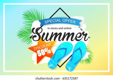 Summer sale background design for banner, flyer, wallpaper. Promotional discount shop materials, poster, brochure, voucher discount.